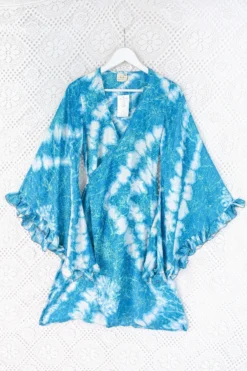 Venus Vintage Sari Midi Dress - Deep Aqua Blue Tie Dye - Size XS